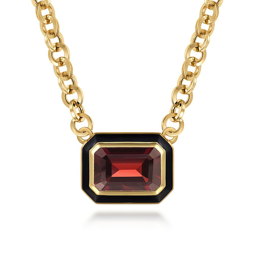 14K Yellow Gold Garnet Emerald Cut Necklace With Flower Pattern J-Back and Black Enamel