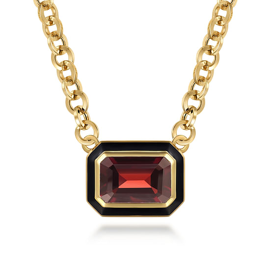 Gabriel - 14K Yellow Gold Garnet Emerald Cut Necklace With Flower Pattern J-Back and Black Enamel