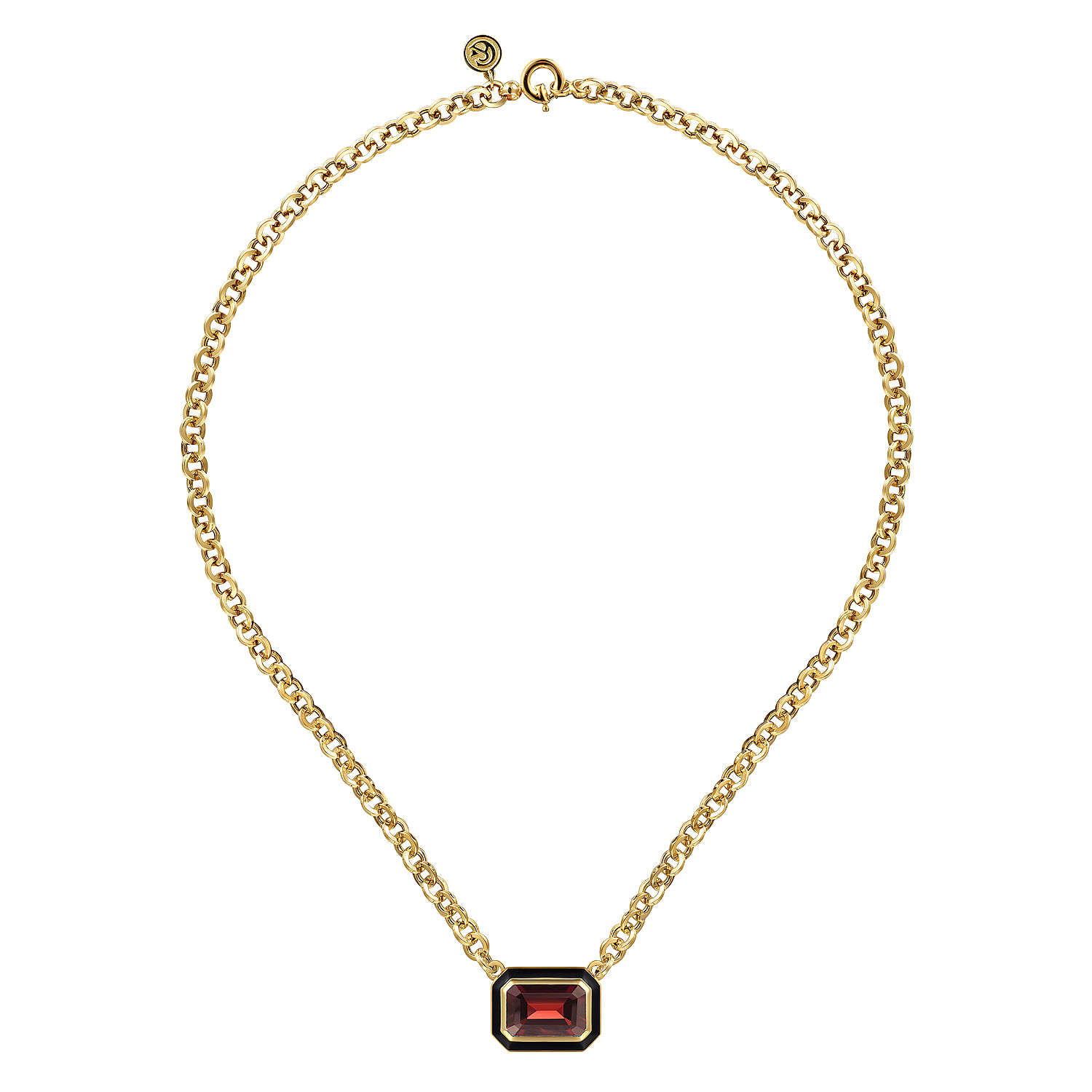 14K Yellow Gold Garnet Emerald Cut Necklace With Flower Pattern J-Back and Black Enamel