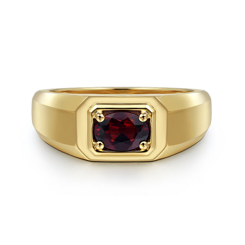 14K Yellow Gold Garnet Mens Ring in Sand Blast Finish