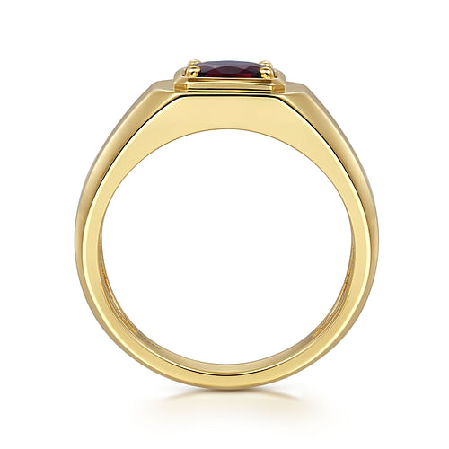 14K Yellow Gold Garnet Mens Ring in Sand Blast Finish