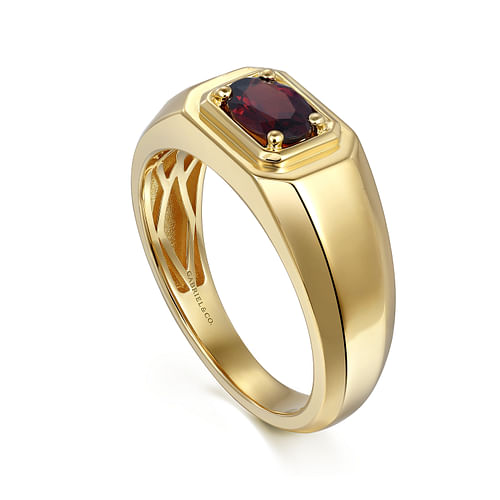 14K Yellow Gold Garnet Mens Ring in Sand Blast Finish