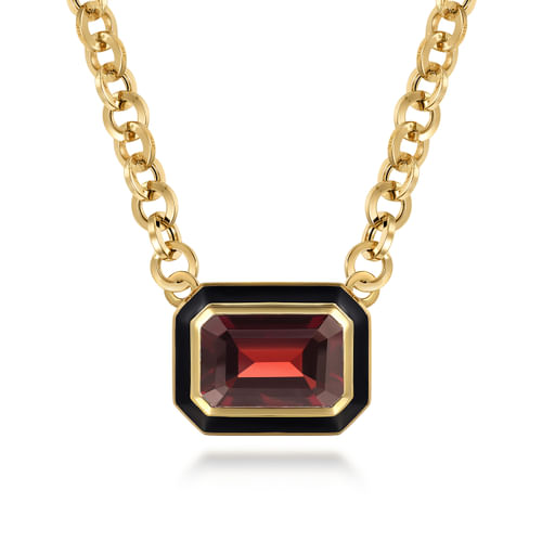14K Yellow Gold Garnet Necklace With Flower Pattern J-Back and Black Enamel