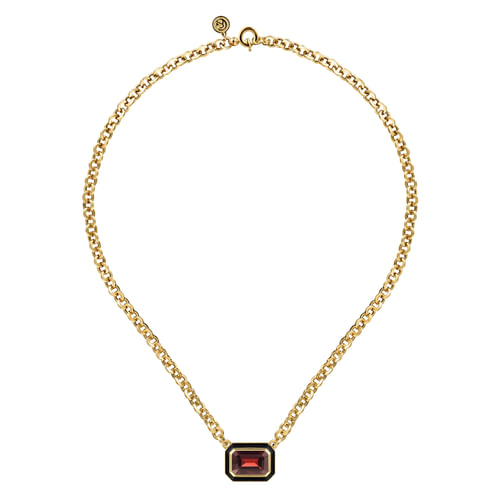 14K Yellow Gold Garnet Necklace With Flower Pattern J-Back and Black Enamel