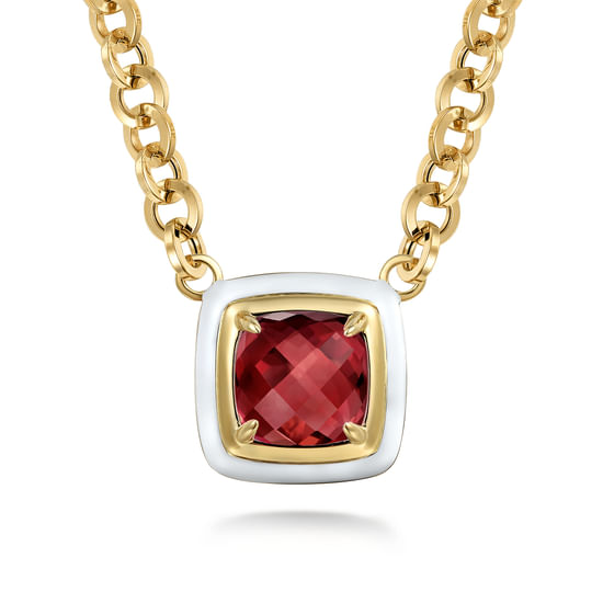 Gabriel - 14K Yellow Gold Garnet Necklace With Flower Pattern J-Back and White Enamel