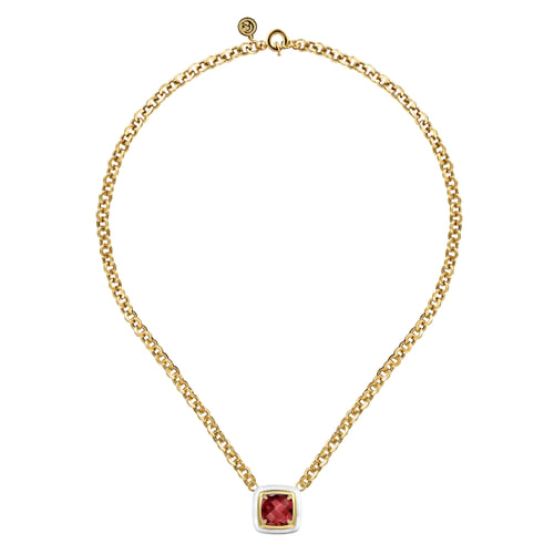 14K Yellow Gold Garnet Necklace With Flower Pattern J-Back and White Enamel