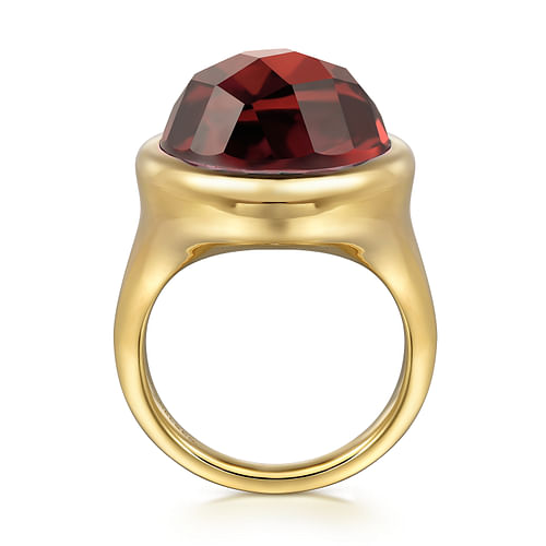 14K Yellow Gold Garnet Round Shape Ladies Ring With Flower Pattern J-Back