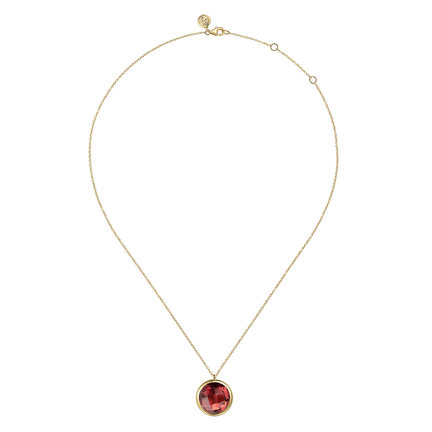 14K Yellow Gold Garnet Round Shape Necklace With Flower Pattern J-Back