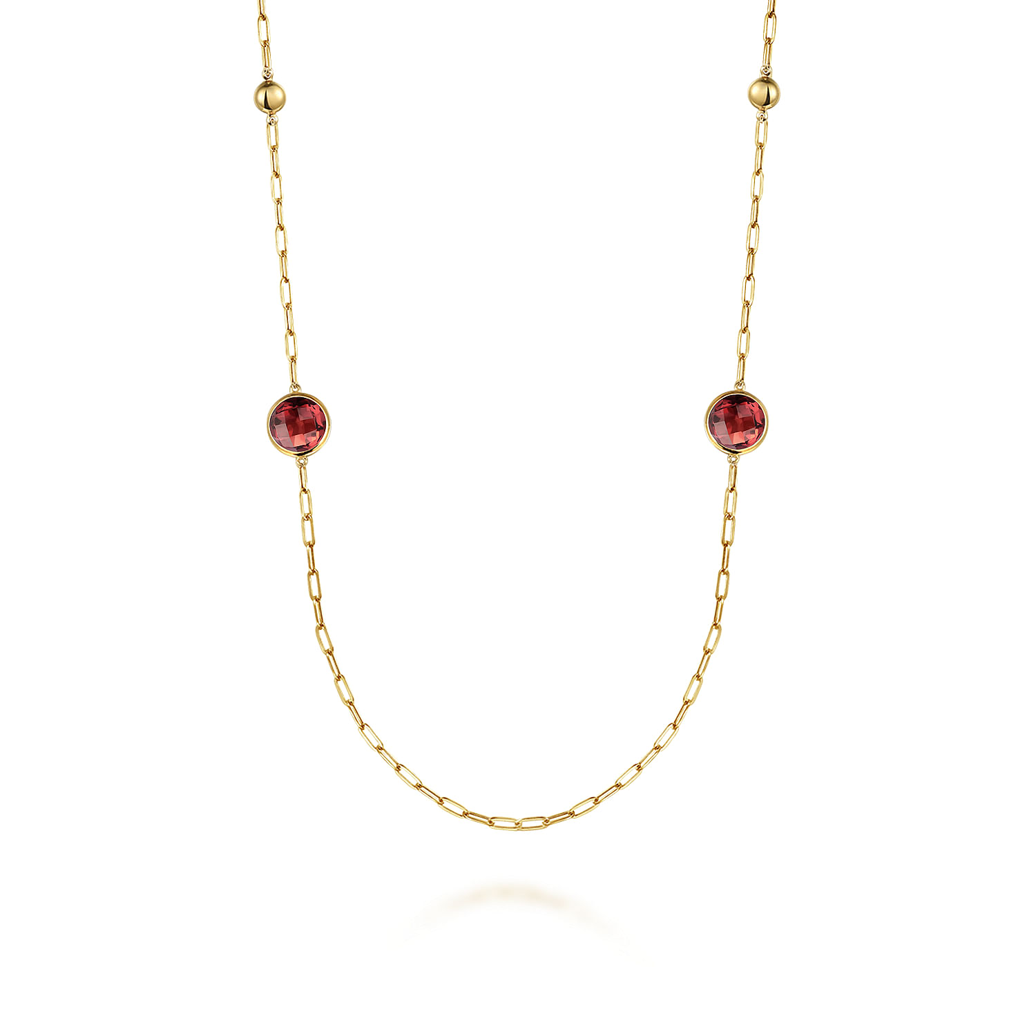 14K Yellow Gold Garnet Round Shape Necklace With Four Stations ,Beads and Bezel Setting