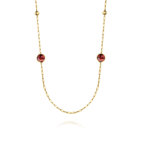 14K Yellow Gold Garnet Round Shape Necklace With Four Stations ,Beads and Bezel Setting