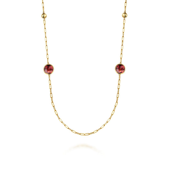 Gabriel - 14K Yellow Gold Garnet Round Shape Necklace With Four Stations ,Beads and Bezel Setting