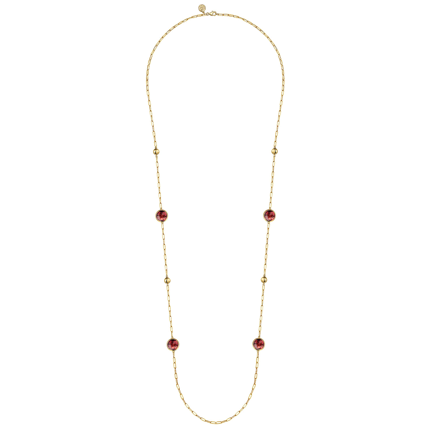 14K Yellow Gold Garnet Round Shape Necklace With Four Stations ,Beads and Bezel Setting