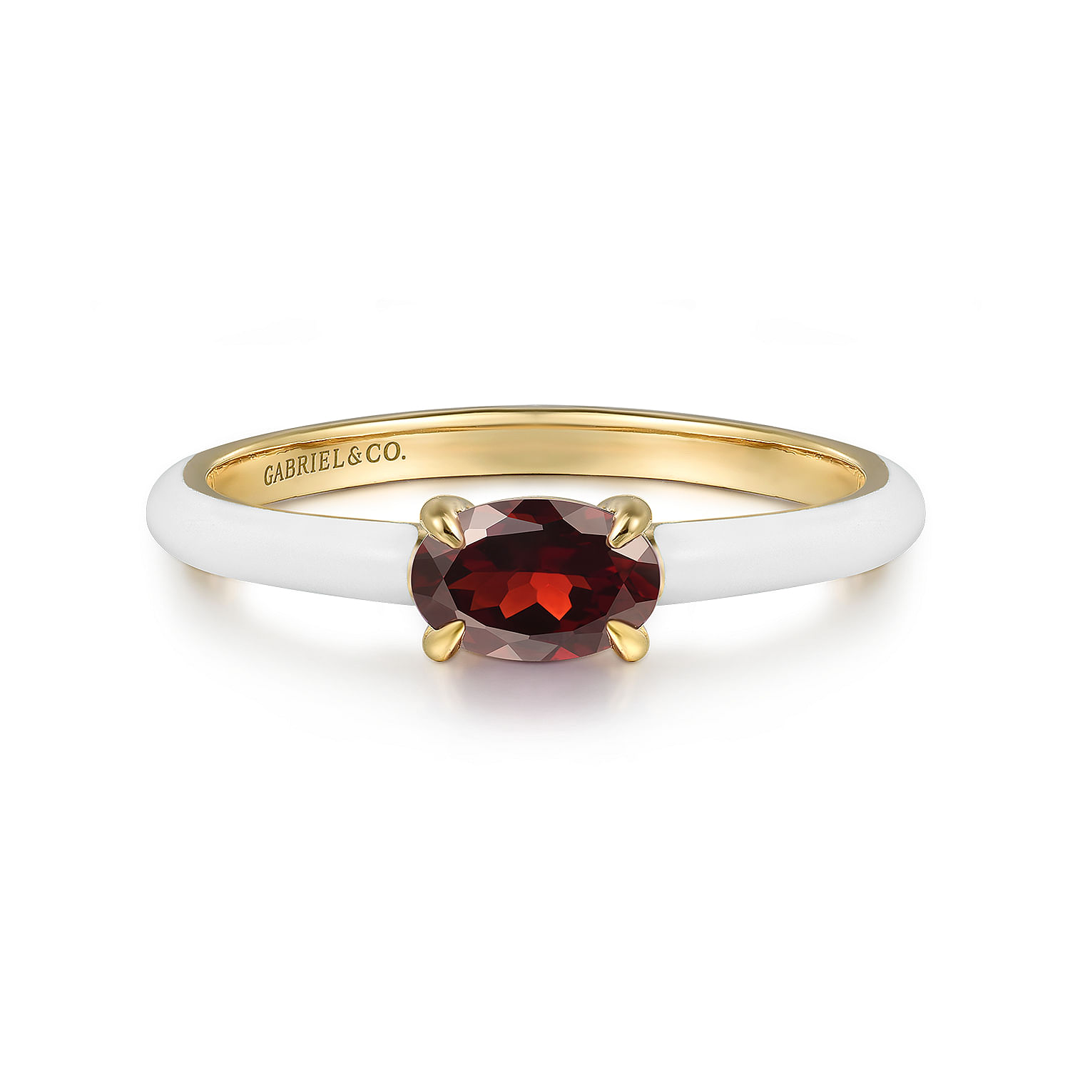 14K Yellow Gold Garnet Stackable Ring with White Enamel
