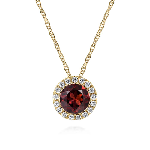 14K Yellow Gold Garnet and Diamond Halo Pendant Necklace