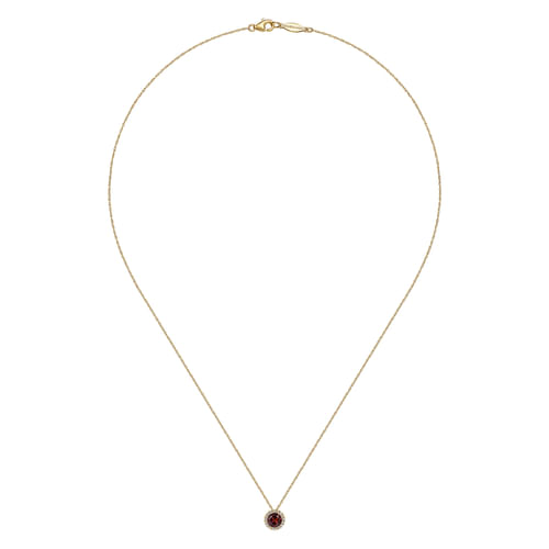 14K Yellow Gold Garnet and Diamond Halo Pendant Necklace
