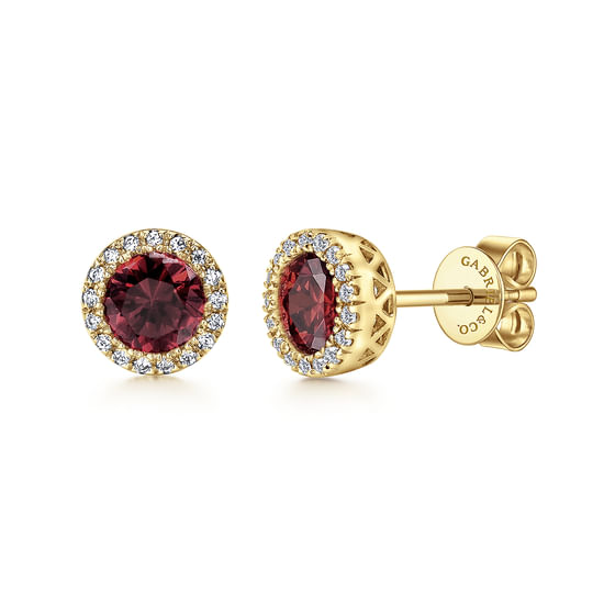 Gabriel - 14K Yellow Gold Garnet and Diamond Halo Stud Earrings