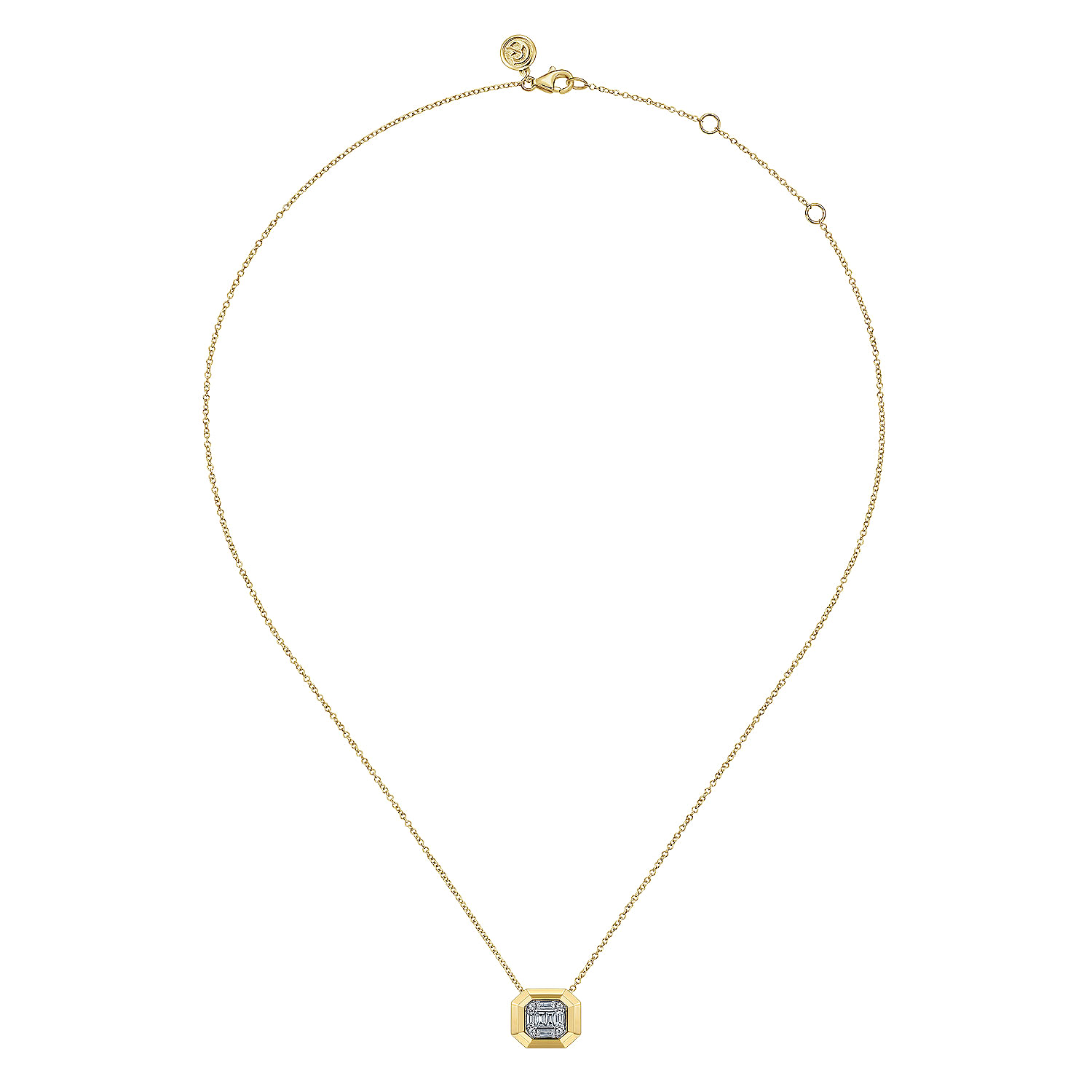 14K Yellow Gold Geometric Baguette and Round Diamond Pendant Necklace