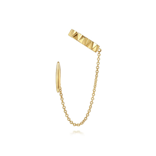 14K Yellow Gold Geometric Bar and Chain Drop Single Stud and Ear Cuff 