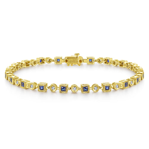 14K Yellow Gold Geometric Diamond and Sapphire Tennis Bracelet