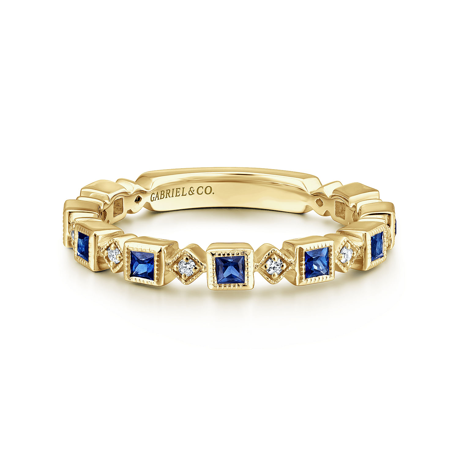 14K Yellow Gold Geometric Sapphire and Diamond Stackable Ring