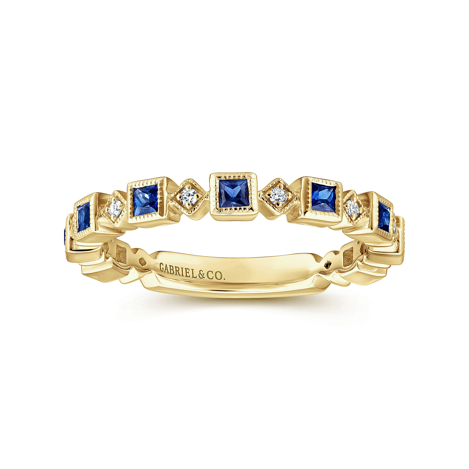 14K Yellow Gold Geometric Sapphire and Diamond Stackable Ring