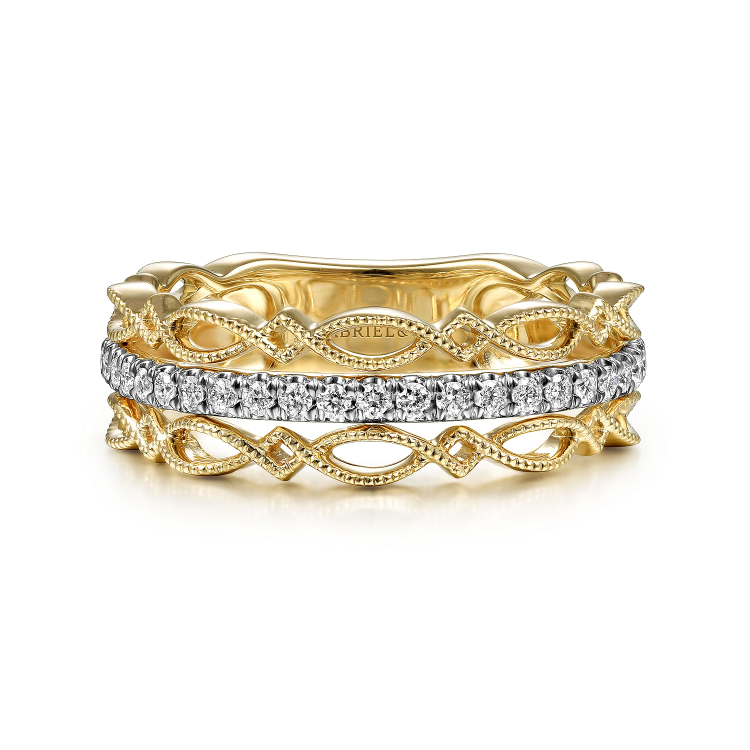 Gabriel - 14K Yellow Gold Geometric and Diamond Three Row Stackable Ring
