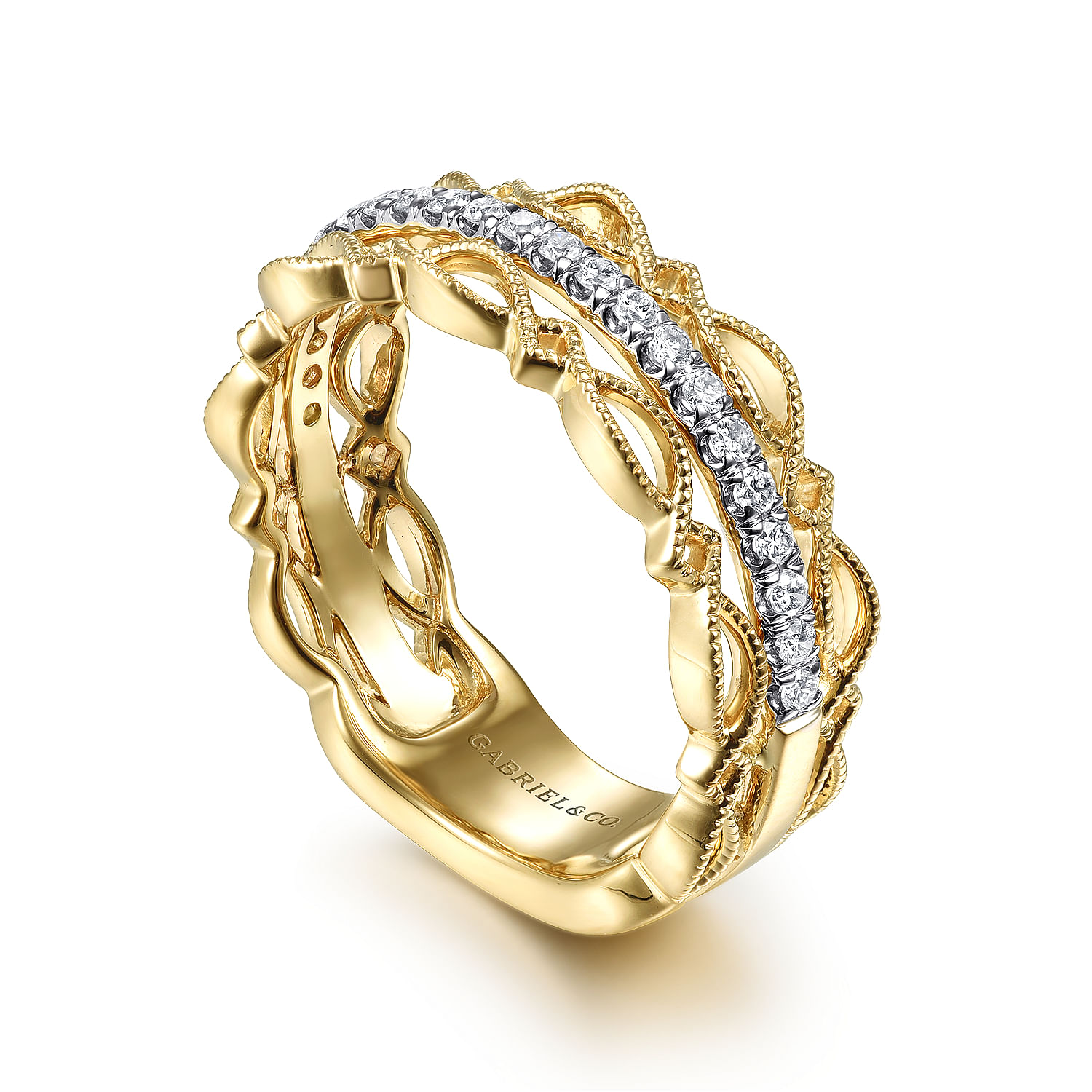 14K Yellow Gold Geometric and Diamond Three Row Stackable Ring
