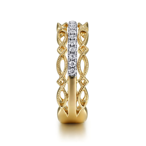 14K Yellow Gold Geometric and Diamond Three Row Stackable Ring