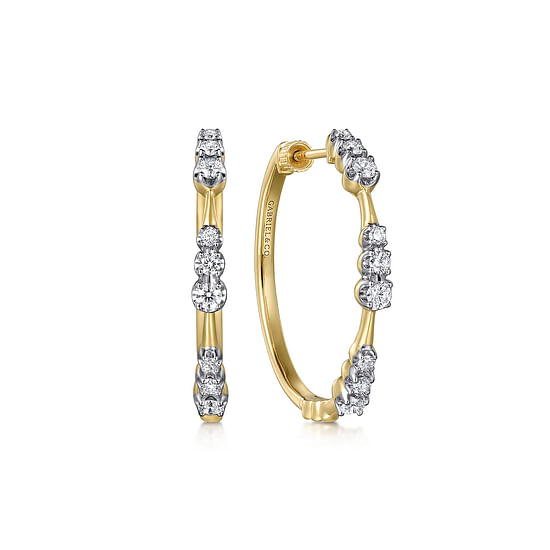 Gabriel - 14K Yellow Gold Graduated Diamond Station Round Classic 30mm Hoop Earrings