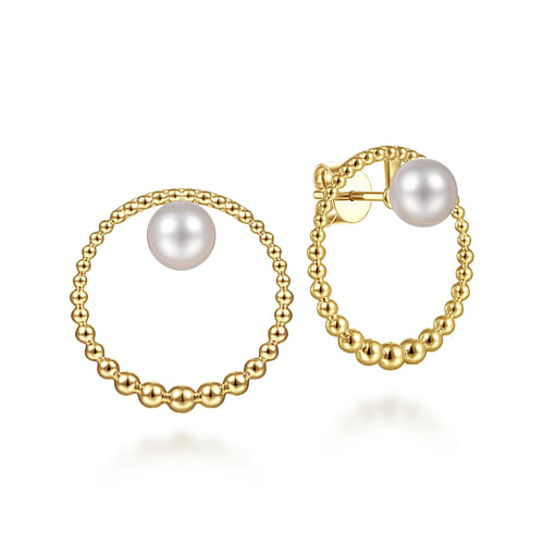 14K Yellow Gold Graduating Bujukan Beads and Pearl Stud Earrings 