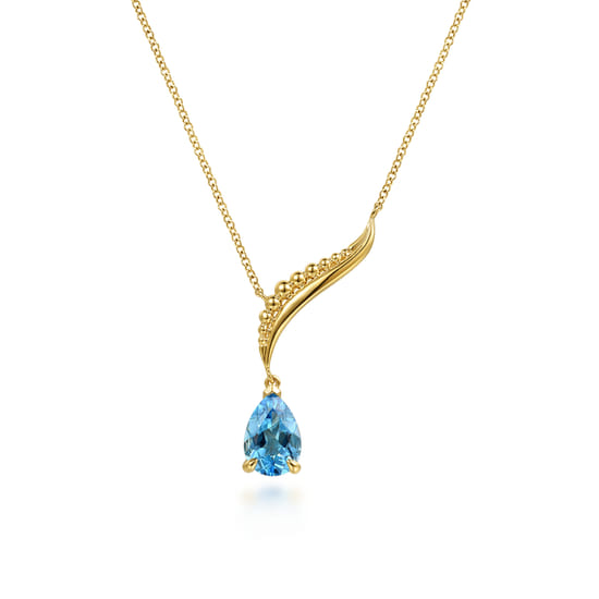 14K Yellow Gold Graduating Bujukan Pear Blue Topaz Y Necklace