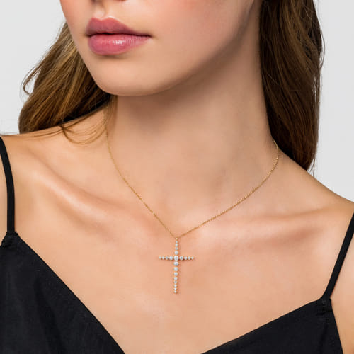 14K Yellow Gold Graduating Diamonds Cross Necklace