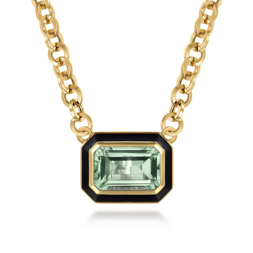 14K Yellow Gold Green Amethyst  Necklace With Flower Pattern J-Back and Black Enamel