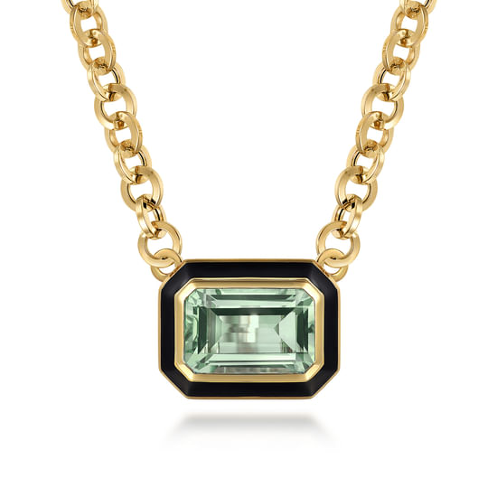 Gabriel - 14K Yellow Gold Green Amethyst  Necklace With Flower Pattern J-Back and Black Enamel