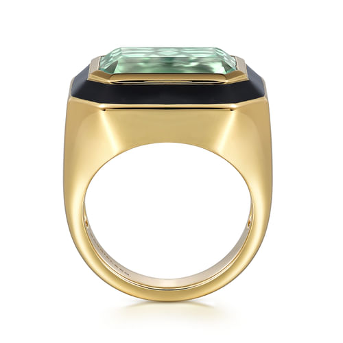 14K Yellow Gold Green Amethyst Cocktail Ring with Black Enamel