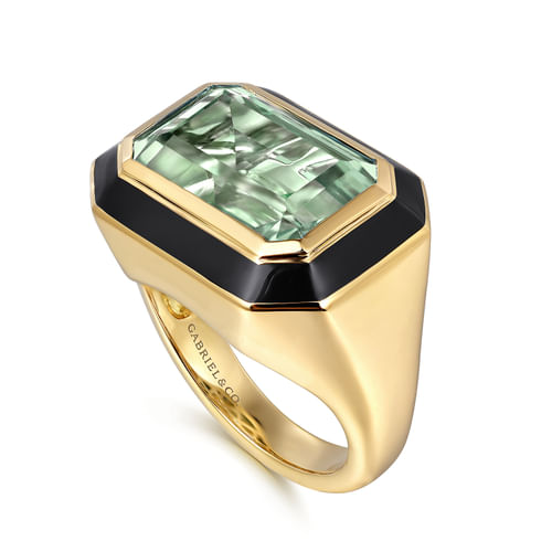 14K Yellow Gold Green Amethyst Cocktail Ring with Black Enamel