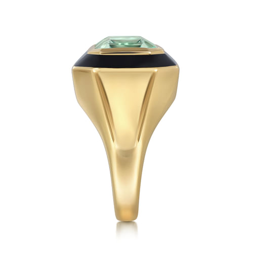 14K Yellow Gold Green Amethyst Cocktail Ring with Black Enamel