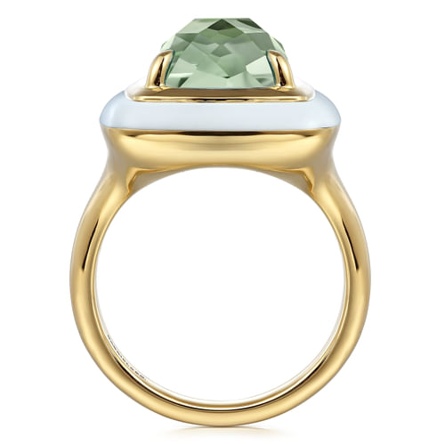 14K Yellow Gold Green Amethyst Cocktail Ring with White Enamel