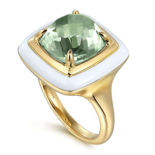 14K Yellow Gold Green Amethyst Cocktail Ring with White Enamel