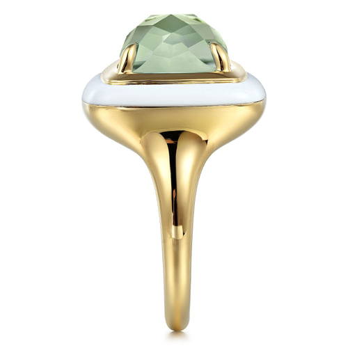 14K Yellow Gold Green Amethyst Cocktail Ring with White Enamel