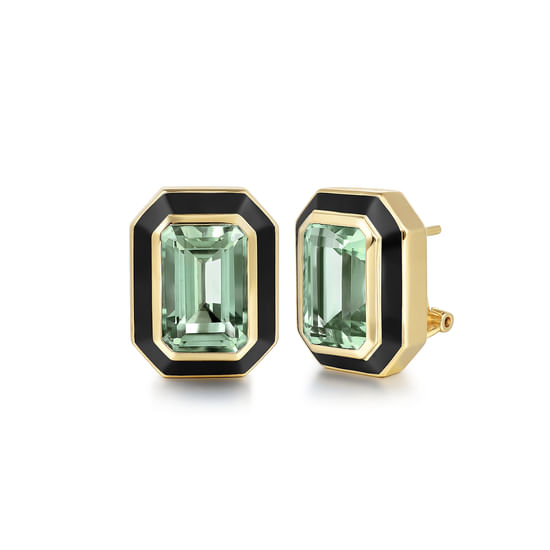 Gabriel - 14K Yellow Gold Green Amethyst Earrings with Black Enamel