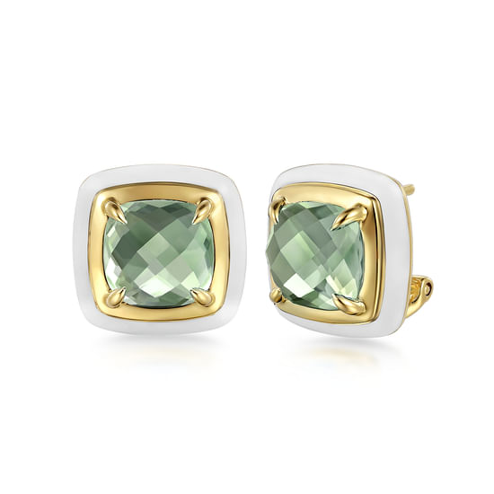 Gabriel - 14K Yellow Gold Green Amethyst Earrings with White Enamel