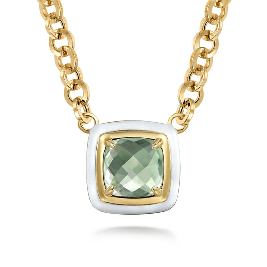 Gabriel - 14K Yellow Gold Green Amethyst Necklace With Flower Pattern J-Back and White Enamel