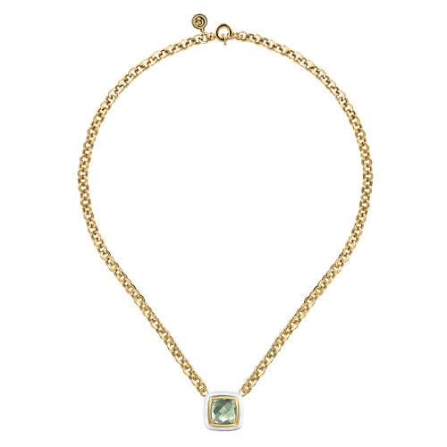 14K Yellow Gold Green Amethyst Necklace With Flower Pattern J-Back and White Enamel