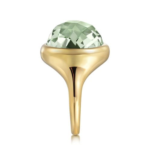 14K Yellow Gold Green Amethyst Round Shape Ladies Ring With Flower Pattern J-Back