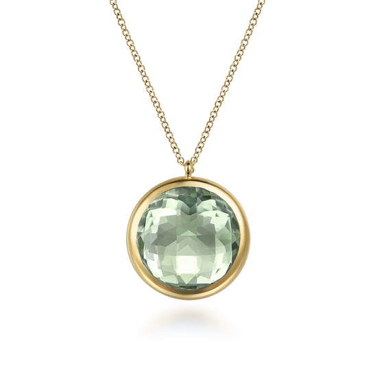 Gabriel - 14K Yellow Gold Green Amethyst Round Shape Necklace With Flower Pattern J-Back