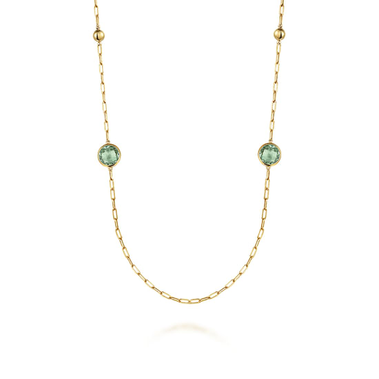 Gabriel - 14K Yellow Gold Green Amethyst Round Shape Necklace With Four Stations ,Beads and Bezel Setting
