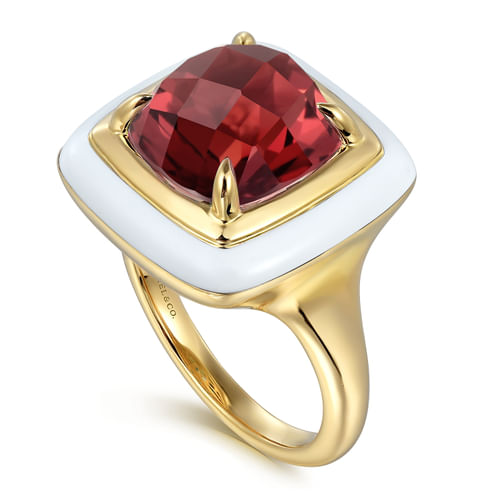 14K Yellow Gold Green Garnet Cocktail Ring with White Enamel