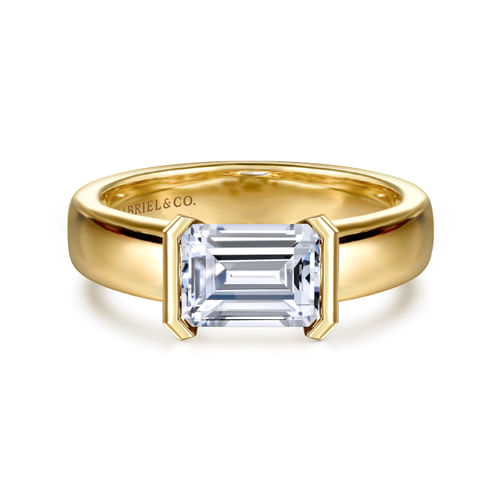 14K Yellow Gold Half Bezel East West Emerald Cut Diamond Engagement Ring