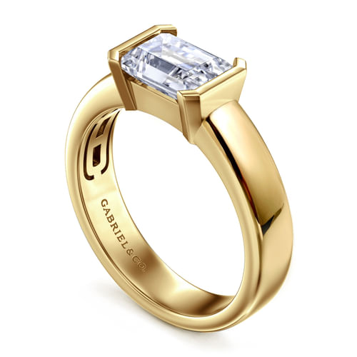 14K Yellow Gold Half Bezel East West Emerald Cut Diamond Engagement Ring